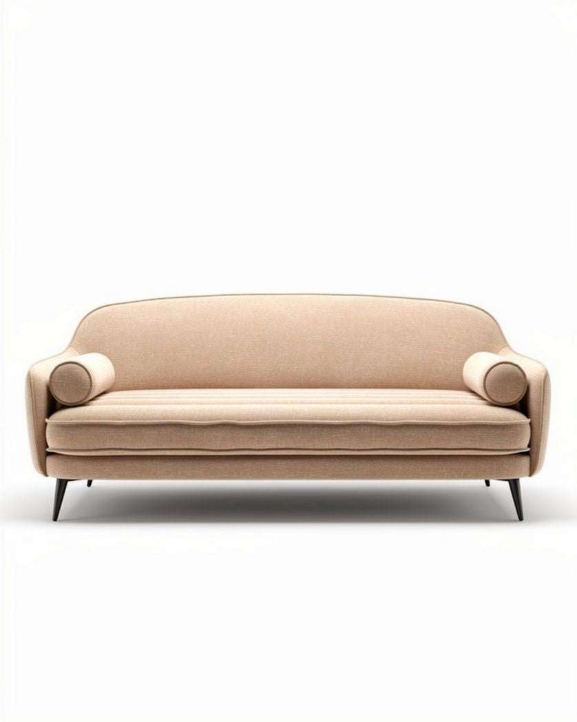 Bank in beige stof met zwarte metalen poten en afgeronde rugleuning 180 x 80 x 80cm