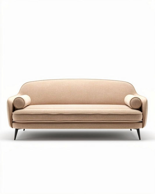 Bank in beige stof met zwarte metalen poten en afgeronde rugleuning 180 x 80 x 80cm