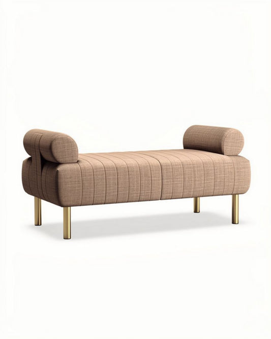 Bank van stof in beige met metalen poten en afgeronde armleuningen 150 x 60 x 70cm