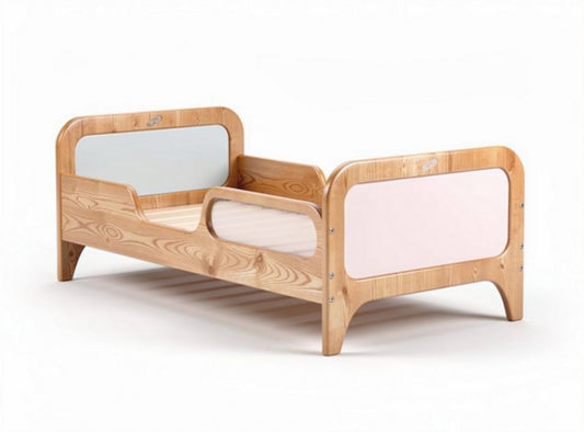 Houten peuterbed met veiligheidshekken 150 x 75 x 60cm in natuurlijk kleur