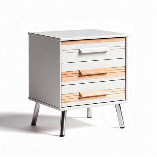 Witte nachtkast met drie lades van hout en metalen poten 45 x 40 x 55cm