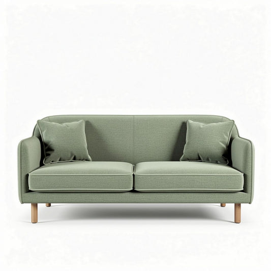 Groene stofbank met twee kussens en houten poten 180 x 80 x 70cm