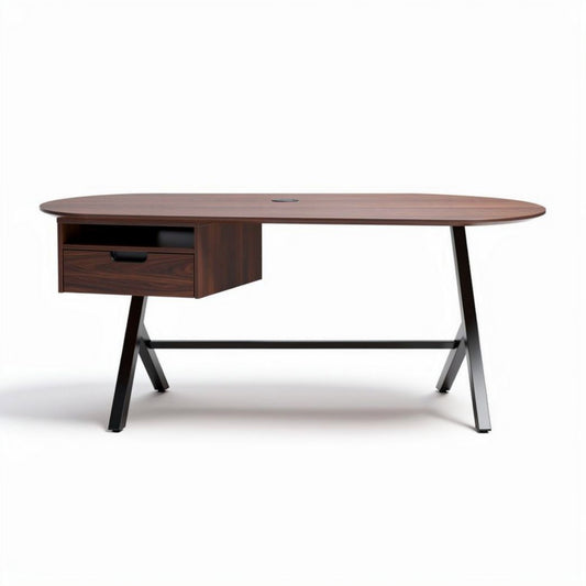 Eiken bureau met lade en zwart metalen onderstel 150 x 75 x 75cm